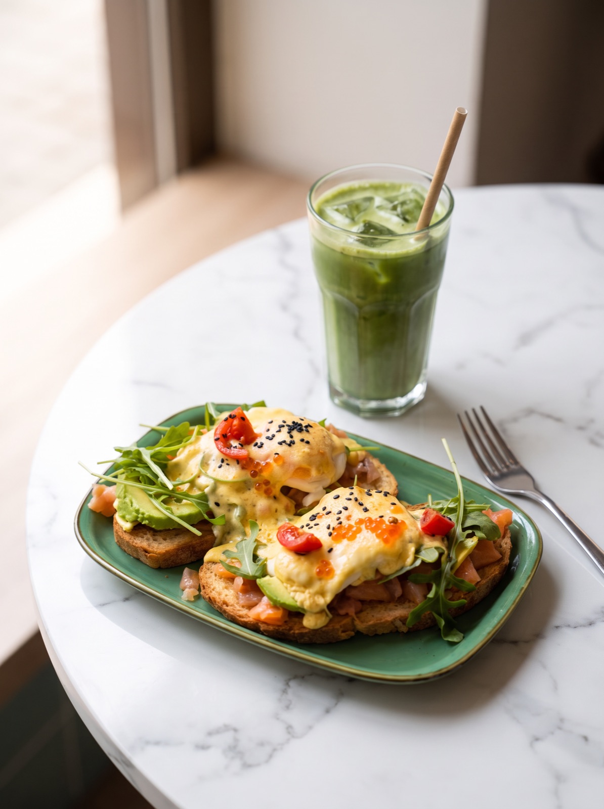 Matcha con hielo junto a una tosta con huevo