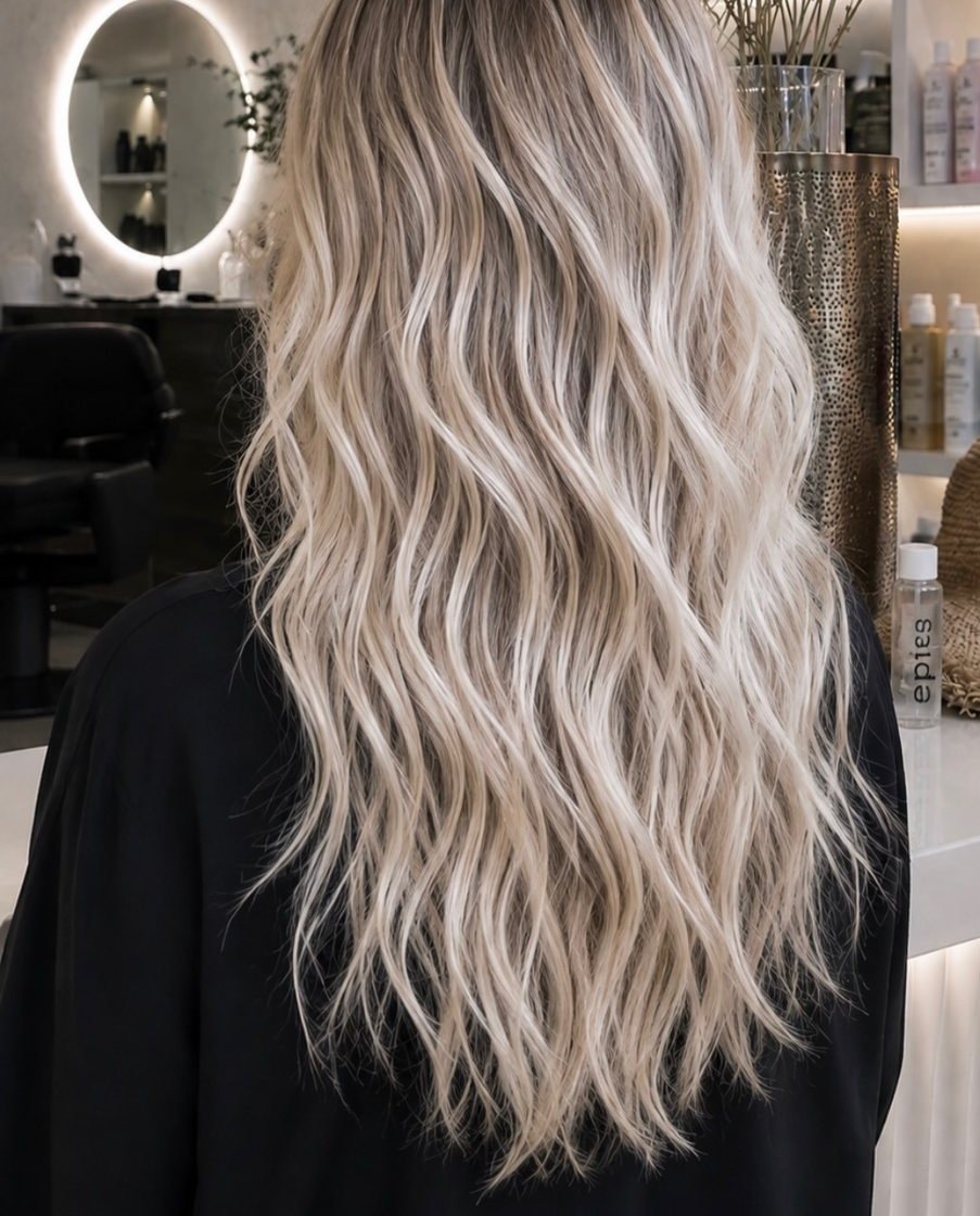 Melena rubia larga con ondas en el salón